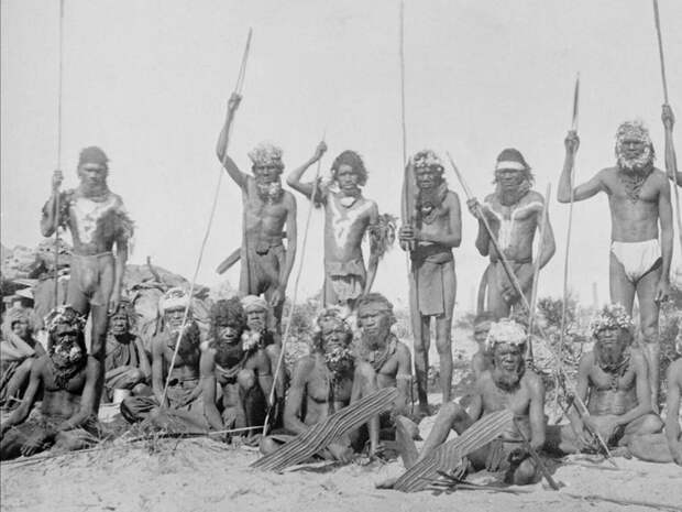 Группа воинов в причудливых головных украшениях, Западная Австралия, 1895 г. Обычаи и традиции народов мира, аборигены, австралия, архивные снимки, архивные фотографии, бушмены, познавательно, туземцы