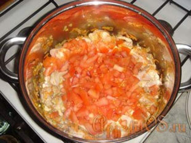 Затем добавить помидоры, посолить, поперчить, добавить специи, накрыть крышкой.