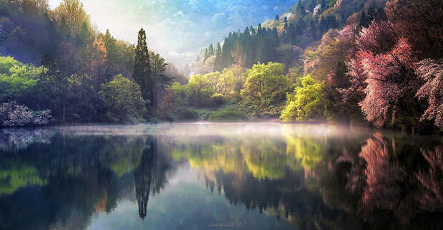 Зеркальные отражения пейзажей в озерах и реках Южной Кореи отражение, пейзаж, фотография