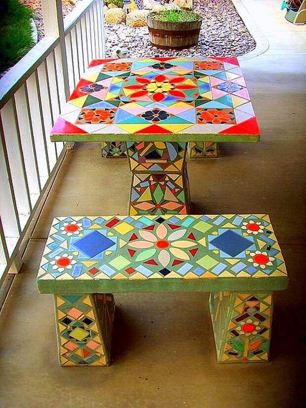 LOVE this vintage mosaic table and benches!
