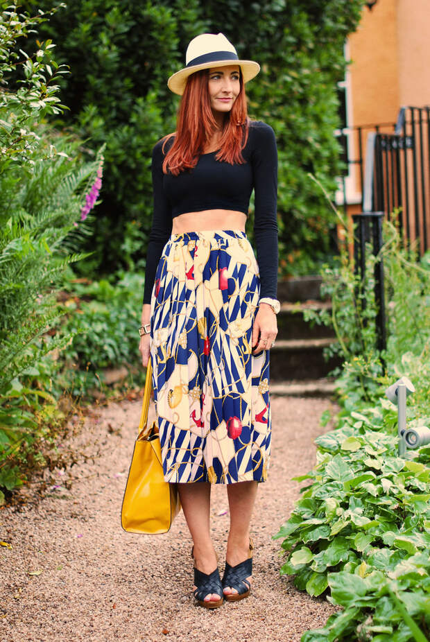 Crop top, vintage skirt & fedora