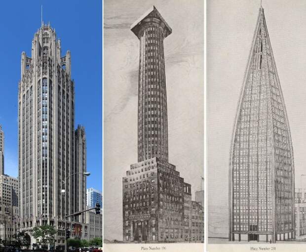 Небоскреб Tribune Tower (слева) и два несостоявшихся его проекта.