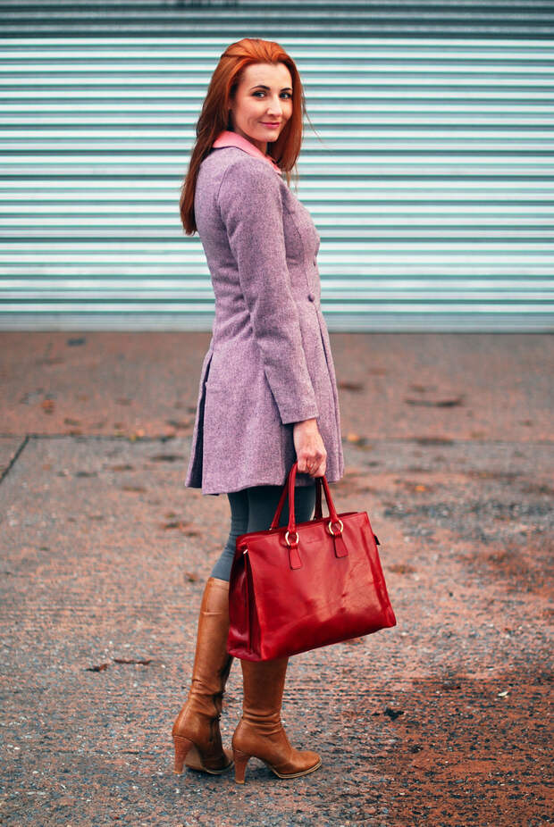 Autumn/Winter style: Peter Pan collar lavender coat, tan boots, red bag