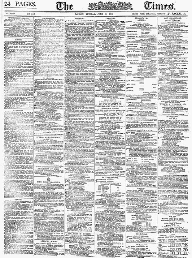 Передовица газеты The Times от 30 июня 1914 года