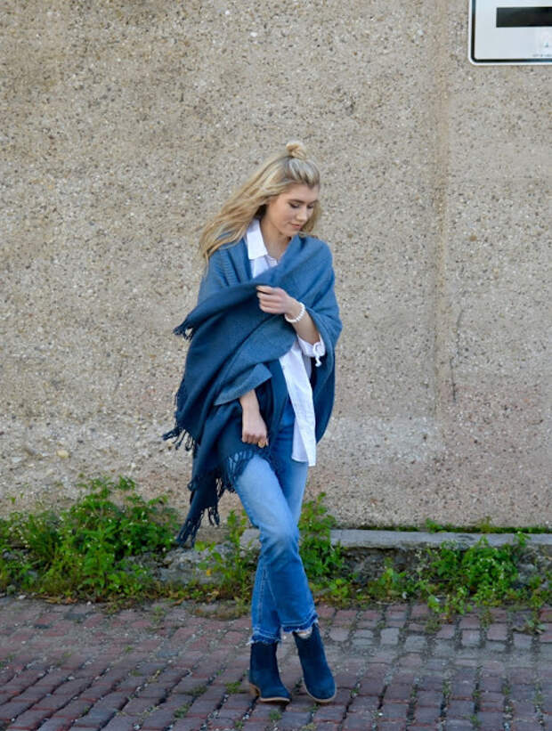 fall style blanket scarf, denim, jeans, skechers, boots, fall, fall style, fall fashion, blue, oxford, women fashion, style blogger