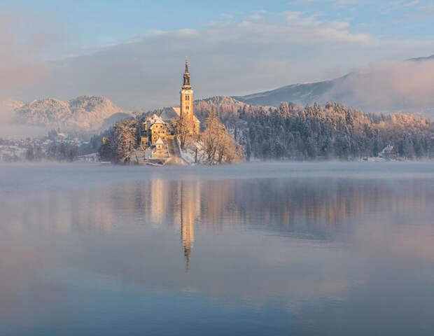 Идеал зимы бледское озеро, зима, озеро, словения