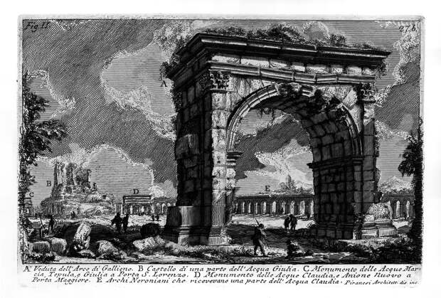 A. вид на арку Галлиена. B. замок части воды Джулия. C. памятник марсианских вод, Тепула и Джулия в воротах С. Лоренцо. D. памятник вод Клаудии и анион Нуово в Порта Маджоре. E. Неронские арки, получавшие часть воды Клавдии.