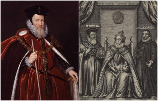 Слева направо: Уильям Сесил. \ Гравюра с изображением королевы Елизаветы I, Уильяма Сесила и сэра Фрэнсиса Уолсингема, Уильям Фейторн, 1655 год.