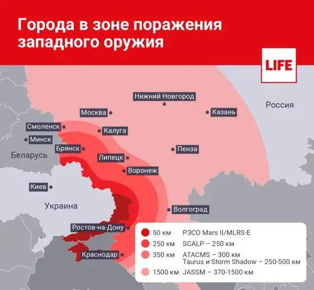 Города России в зоне поражения западного дальнобойного оружия. Инфографика © Life.ru.