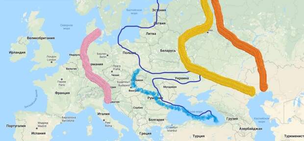 Цветные линии на карте обозначают: розовая – граница подлета авиации США в период СССР, голубая – в период дружественной Украины, синяя –границы подлета авиации США на данный момент, желтая – радиус действия ракет В-1В в период дружественной Украины, радиус действия тех же ракет сегодня. 