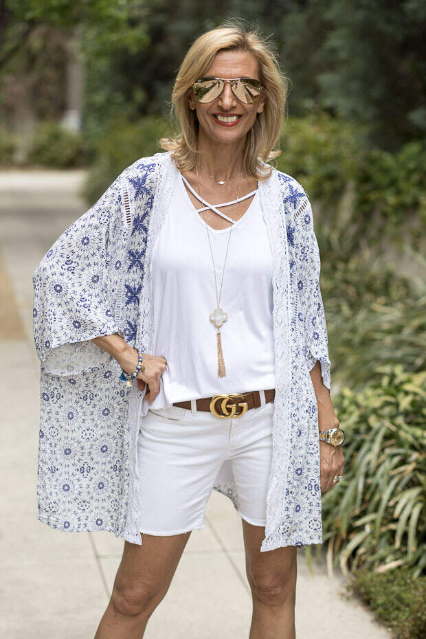 blue and white kimono with lace and embroidery trim