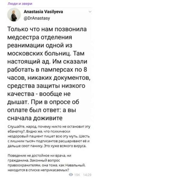 Васильева из «Альянса врачей» опубликовала новую омерзительную ложь о работе московских больниц по коронавирусу