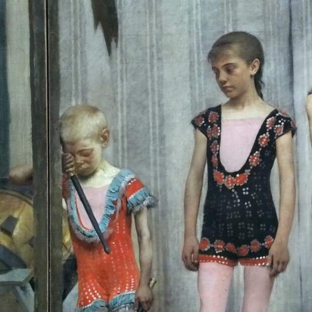 Бродячие артисты /фрагмент/. Девочка смотрит на уставшего или плачущего мальчишку, что не успел ещё очерстветь. Автор: Fernand Pelez.