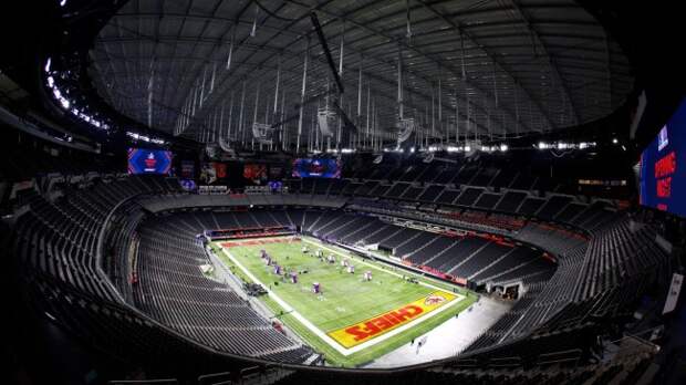 A view of the field at Allegiant Stadium before Super Bowl LVIII.