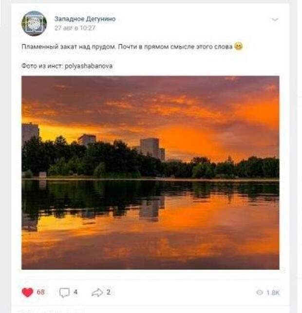 Фото дня: огненный закат над прудом