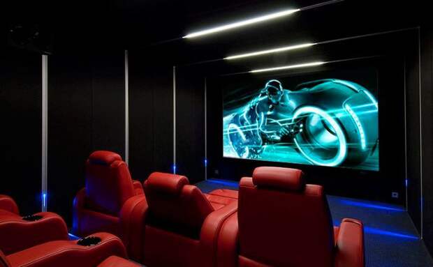 Домашний кинотеатр в цветах: черный, серый, сине-зеленый, темно-коричневый, коричневый. Домашний кинотеатр в стилях: минимализм, хай-тек.