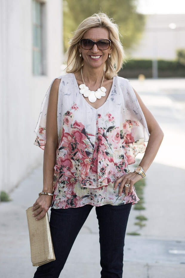 double Layer Floral Print Blouse with statement necklace