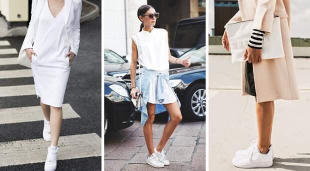 Белые кроссовки можно сочетать как с пальто, так и с платьем. / Фото:club.trendsbrands.ru