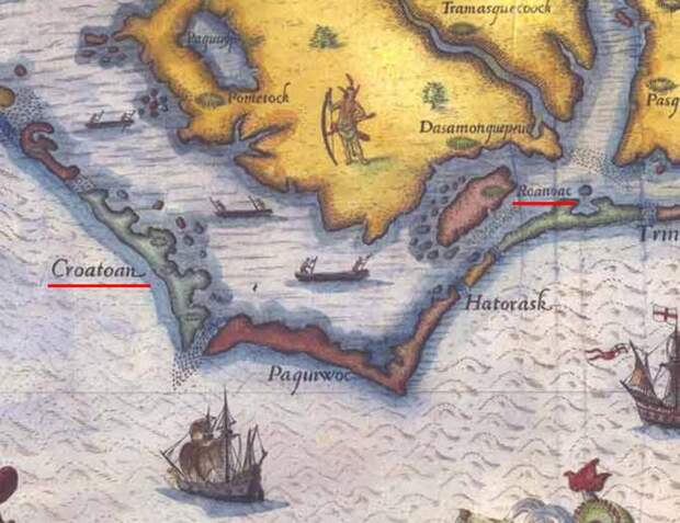Острова Кроатон (Croatoan) и Роанок (Roanoke) на старой карте