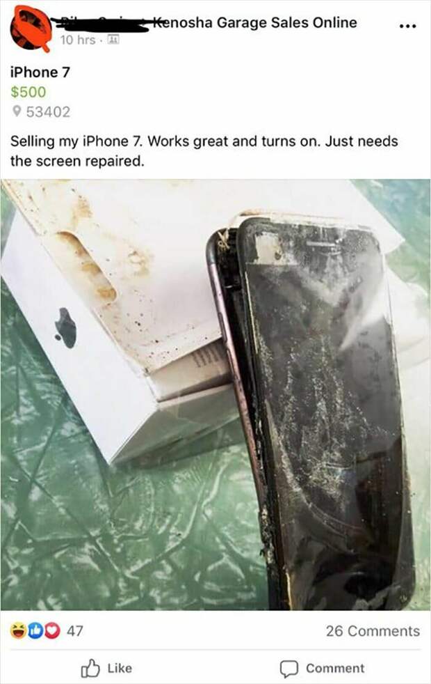 "Продаю свой Iphone 7. Прекрасно работает и включается. Лишь требуется ремонт экрана"