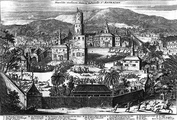 Взятие Астрахани войсками Степана Разина, гравюра из «Трех путешествий» Яна Янсена Стрейса