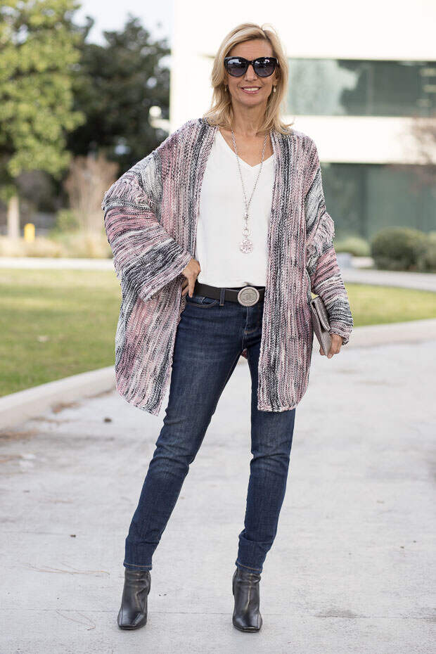 womens pink gray black cardigan with fringe detail