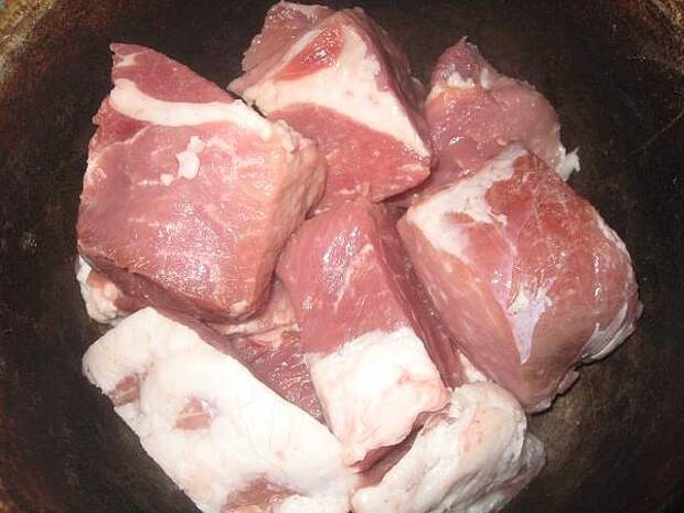 Порежьте мясо кусочками и поставьте его в духовку в чугунке. пошаговое фото этапа приготовления драников с мясом