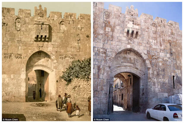 Львиные ворота (слева - 1890 г.) Израиль, архивные фотографии, иерусалим, история, прошлое и настоящее, сравнение, тогда и сейчас, тогда и сегодня