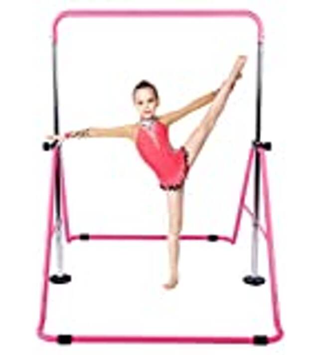 Gymnastic Bars for Kids with Adjustable Height, Folding Gymnastic Training Kip Bar, Junior Expandable Horizontal Monkey Bar for Home (Pink)