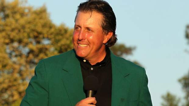 Phil Mickelson wearing the green jacket after winning The Masters at Augusta National