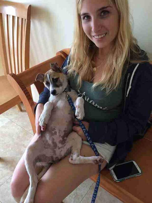 Woman holding dog on her back