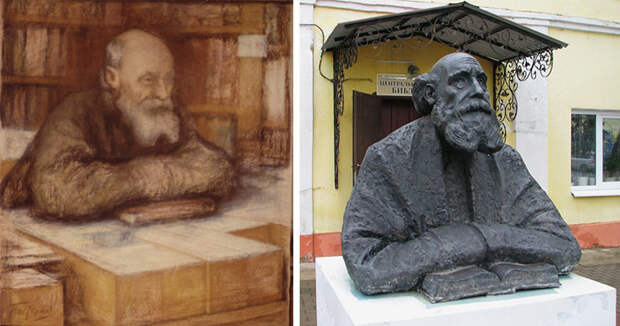 Left to right: Nikolai Fedorov in his study and his monument in Borovsk, Kaluga Oblast.