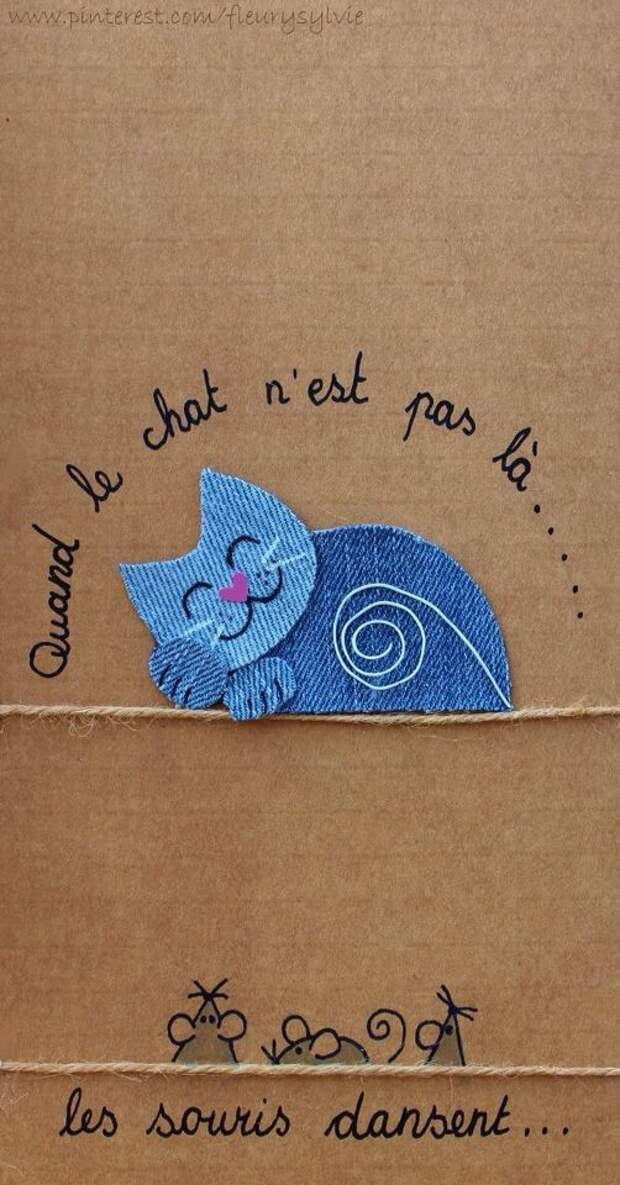 Quand le chat n&#39;est pas là, les souris dansent... #jeans #recyclage  http://pinterest.com/fleurysylvie/mes-cre… | Karten handgemacht, Katzen  quilt, Karten basteln