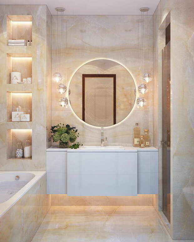 Крупноформатный керамогранит в ванной комнате. | Фото: Pinterest.