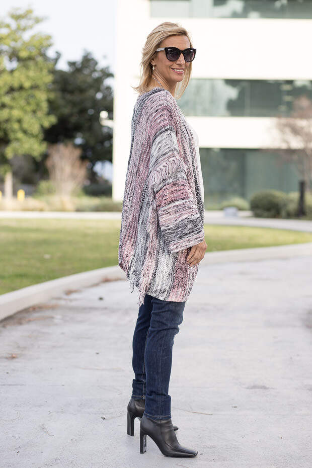 womens pink gray black cardigan with fringe detail
