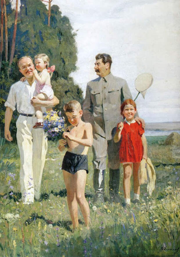 Василий Ефанов. И.В. Сталин и В.М. Молотов с детьми. 1947