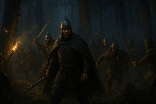 Князь Мстислав в кольчуге и плаще, с мечом в руке, стоит среди своей дружины. Его лицо сосредоточенное, в глазах холодный расчёт.