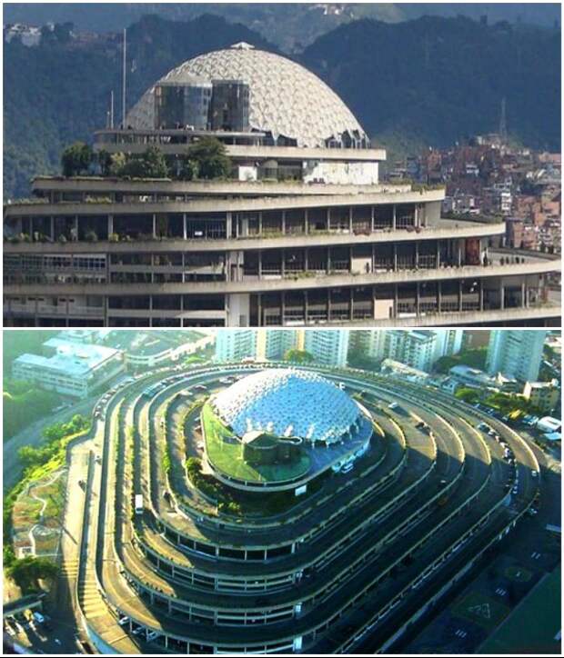 Знаменитый купол, спроектированный в стиле гениального изобретателя и архитектора Бакминстера Фуллера, был воздвигнут лишь в 80-х гг. («El Helicoide», Каракас). | Фото: deni-didro.livejournal.com/ pinterest.com.