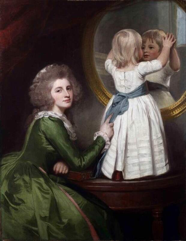 Дж. Ромни "Портрет Анны Барбары Рассел, урожденной Витворт с сыном сэром Генри Расселом"  1780-е гг. Частное собрание.  Мне этот потрет очень нравится, а то, что в зеркало смотрится мальчик,  делает его еще интереснее.