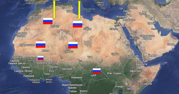 Африканский корпус России в Африке (триколор - наше присутствие, а жёлтые стрелки - пути захода на континент)