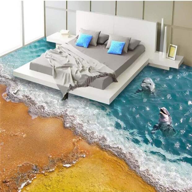 Наливной пол с изображением дельфинов у берега.