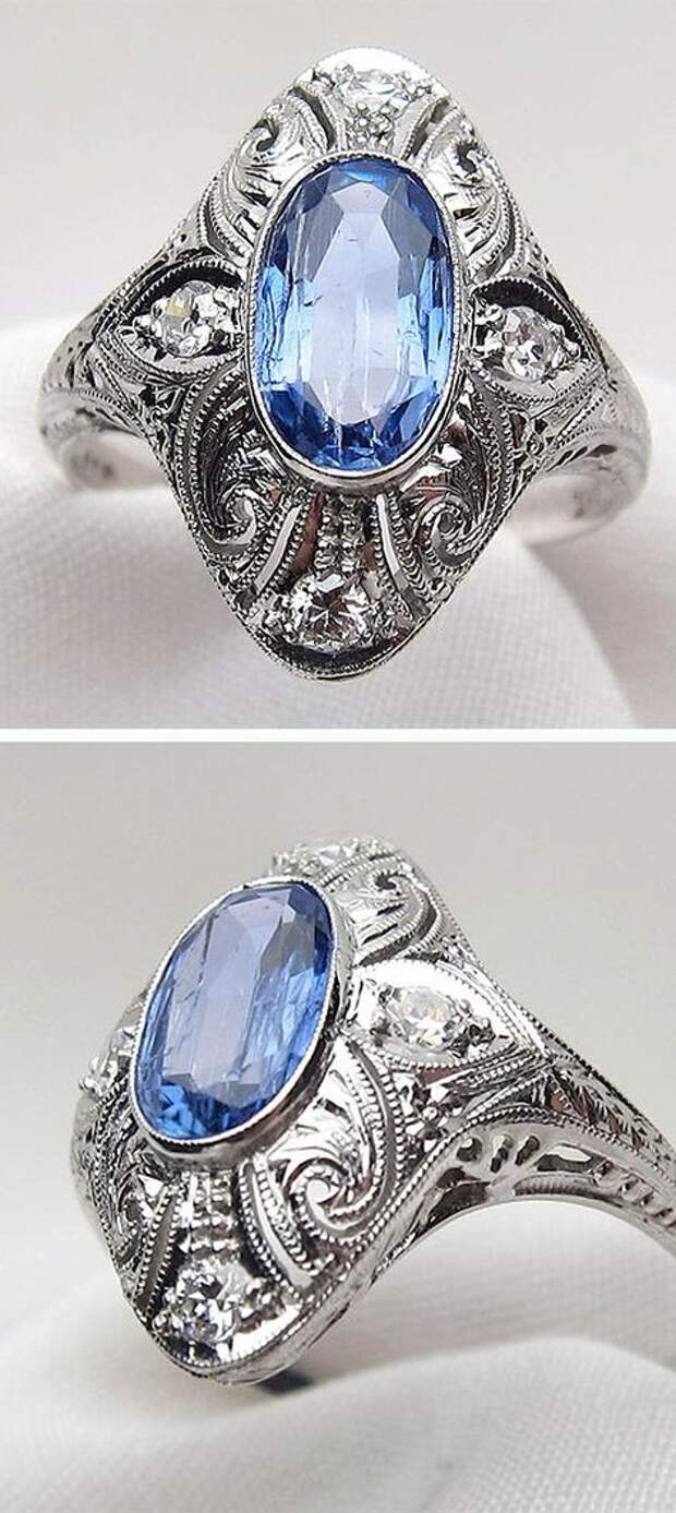 Circa 1925. This dazzling Art Deco sapphire ring has a beautifully ornate 18KT white gold filigree setting cradling a 1.44 carat sapphire.
