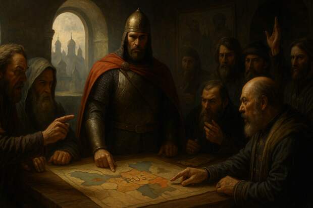 XII век. В княжеских палатах за длинным столом спорят бояре и князья: одни обвиняют Романа Мстиславича в том, что он рвёт Русь на куски, другие защищают его, говоря, что он стремится объединить всё.