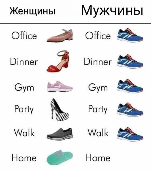 Обувь: офис, обед, спортзал, вечеринка, прогулка, дом