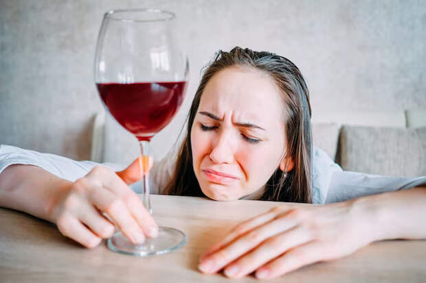 Bigpicture.ru drunk girl drinks wine weeps table