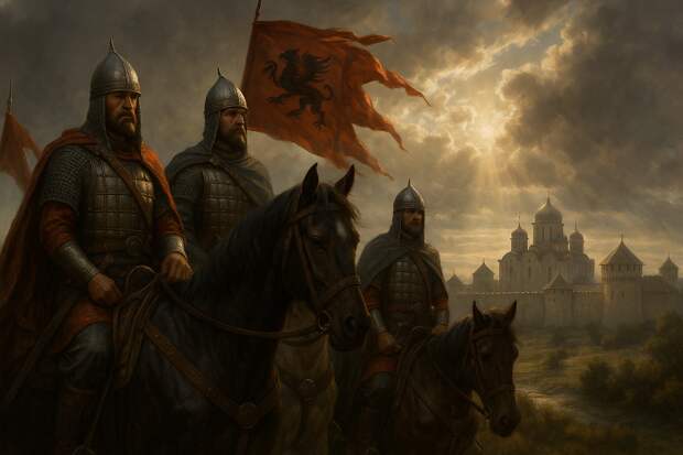 Величественный вид Галицко-Волынского княжества после смерти Романа Мстиславича. Сыновья Романовичи на конях, в доспехах, рядом со знаменосцами. На горизонте — белокаменный город с куполами и крепостными стенами, над которым собираются облака, пробитые солнечными лучами.
