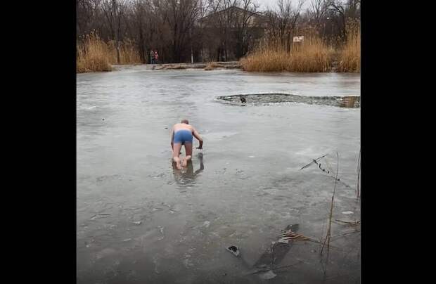 Видео: Лед мог треснуть в любой миг, но мужчина продолжил спасать бродячую собаку