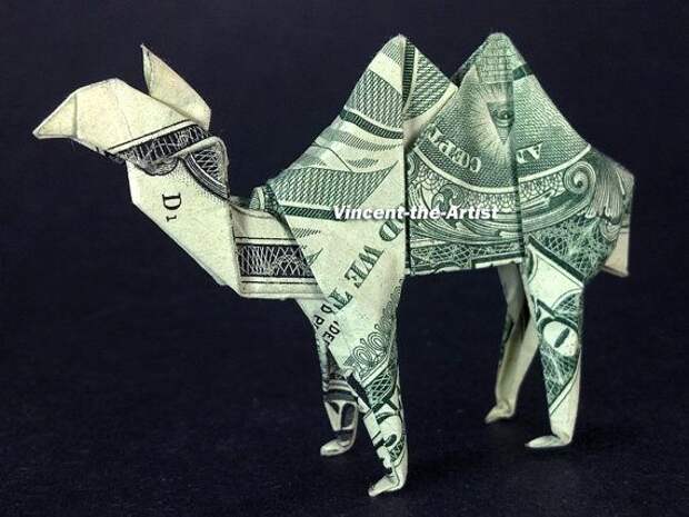 Dollar Bill Origami CAMEL - Made with a $1 bill. Designed by John Montroll