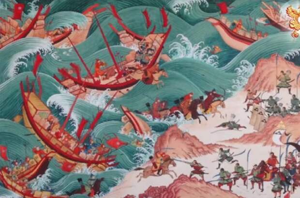 выпрыгивающие из морской пены монголы на лошадях (как 33 богатыря из сказки Пушкина) и встречающие их (несуществовавшие в то время) самураи - любимая байка японского эпоса