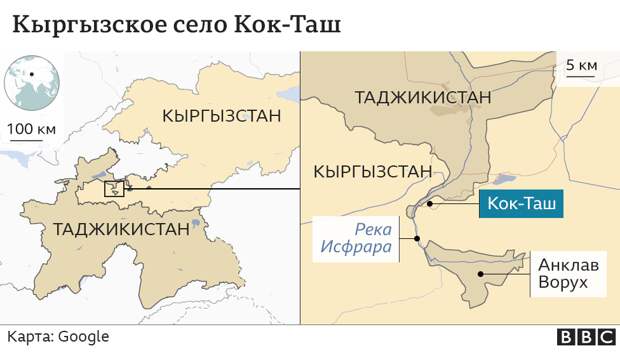 Карта зоны конфликта на киргизско-таджикской границе